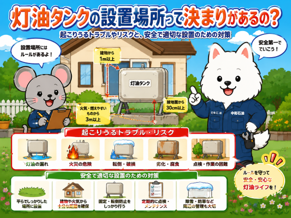 灯油タンクの設置場所って決まりがあるの？起こりうるトラブルやリスクと、安全で適切な設置のための対策