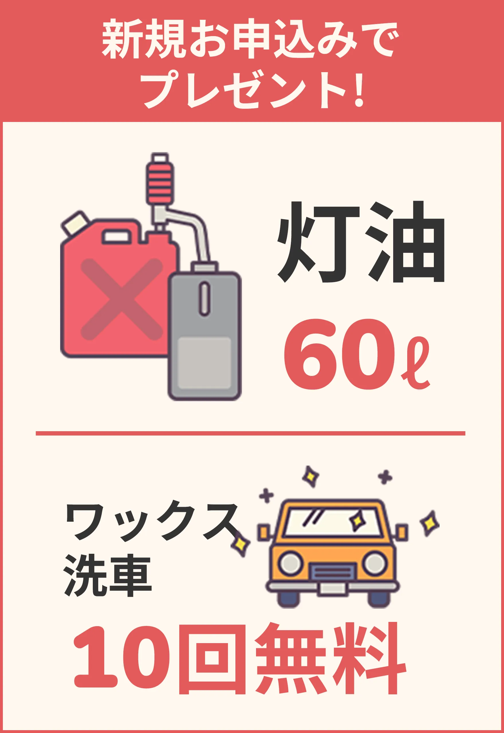 新規のお申し込みでプレゼント 灯油60L、ワックス洗車10回無料 と記載されている画像